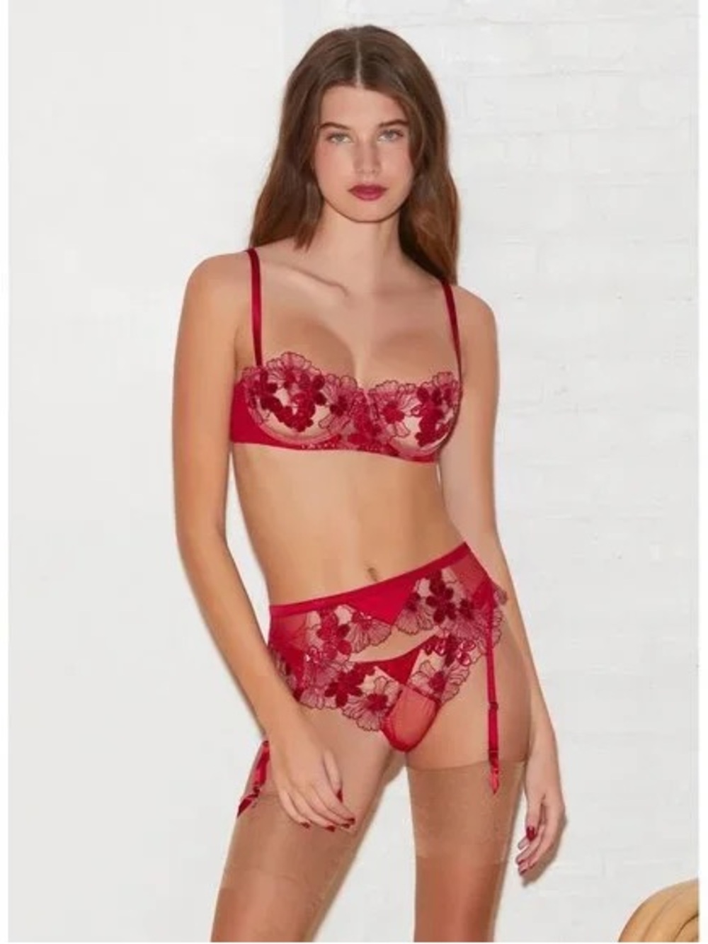 Fleur du Mal Red Floral Lace Balconette Bra & Thong Set